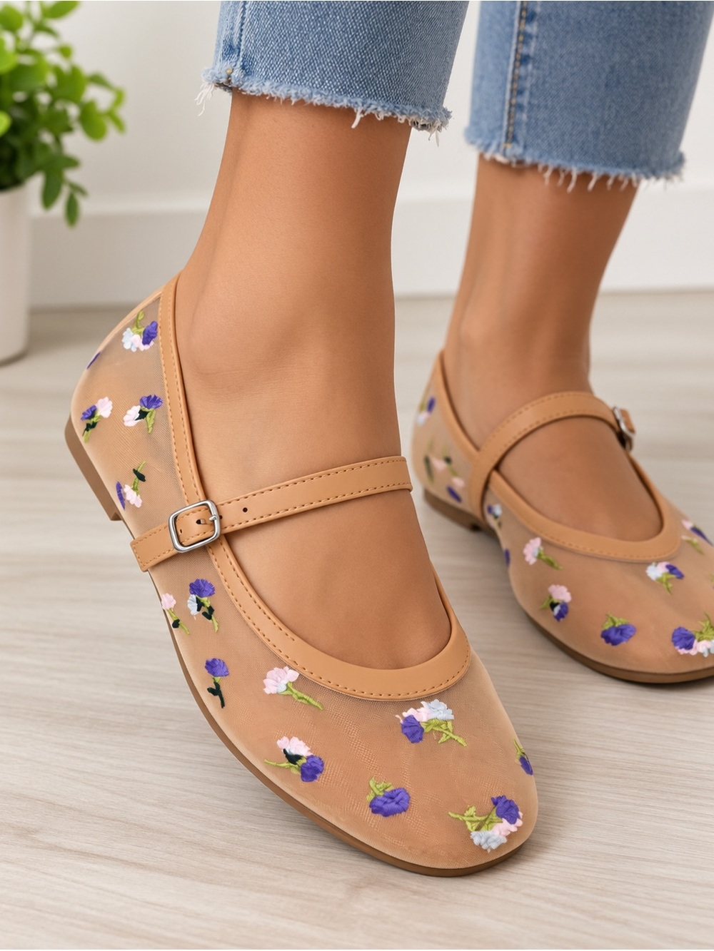 Tan Floral Embroidered Mary Jane Flats